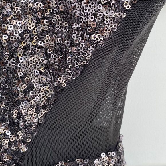 Bebe Bodycon Sequin Mesh Cutout Sleeveless Fitted Party Prom Dress Silver Grey X - Picture 8 of 13